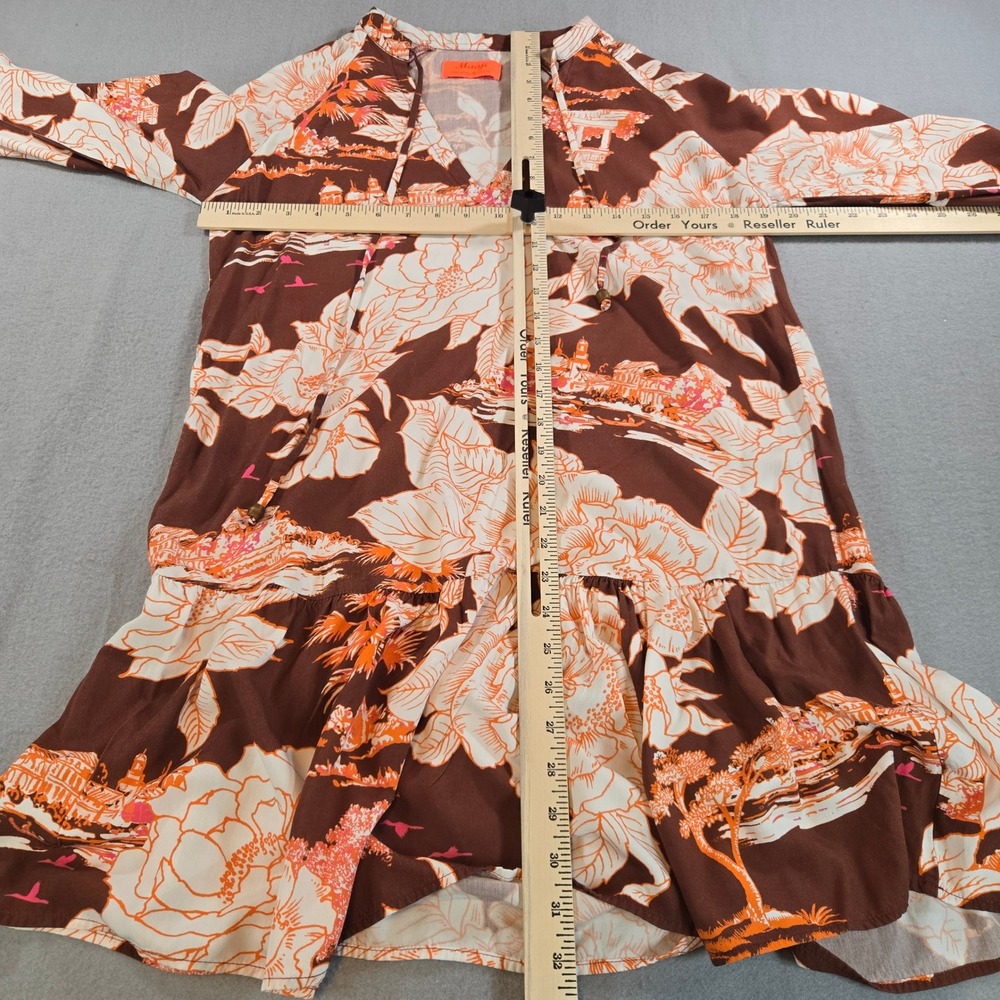 Maaji Mini Dress Women S Brown Orange Tropical Floral Scenic Long Sleeve Boho - Picture 8 of 8